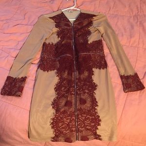 Tan zipper dress with fine red lacy pattern